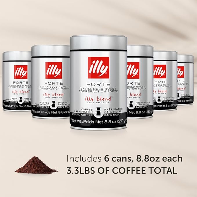 Illy Ground Drip Coffee - Forte Extra Bold Roast Coffee - Rich & Strong Flavor - 100% Arabica - Pre-Ground for Drip Pour Over - Pressurized Packaging Sealed for Freshness - 8.8oz (Pack of 6)
