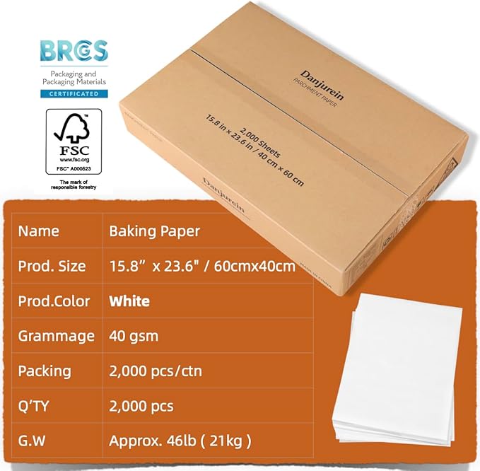 16x24 Inch - 2000 Sheets Commercial Baking Parchment Paper | Industrial Grade, 428°F Bulk Food-Safe Oven Paper for Bakeries, Restaurants, Food Processing (White 15.8"×23.6"(40×60cm) 2000 sheets)