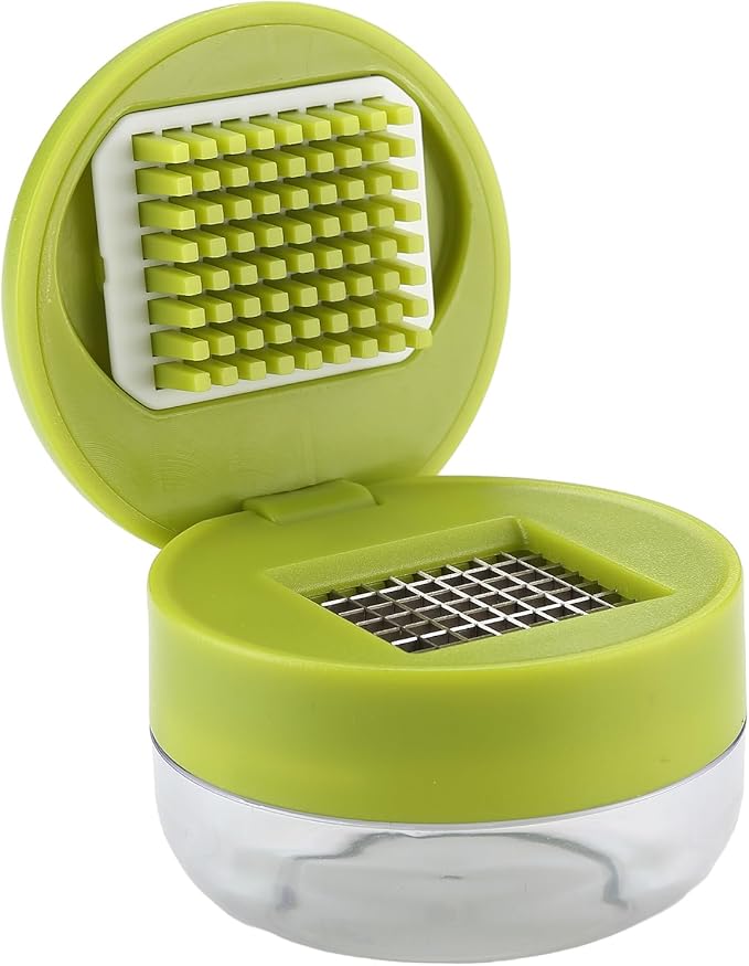 Garlic Peeler Garlic Mincer, Press, Cutter, and Storage Container - Includes Silicone Garlic Peeler and Mini Brush - Easy to Clean - Stainless Steel Blades