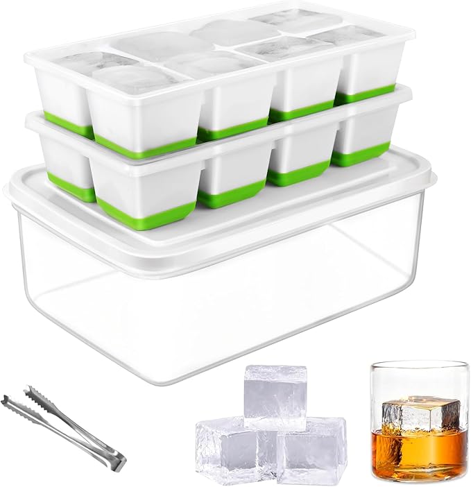 2 INCH Ice Cube Tray with Lid & Bin,Square Large Ice Cube Molds | ice trays for freezer with lid and bin, Silicone Base & Stackable Design, Whiskey Ice Cubes Mold for Coffe,Cocktail,Whiskey