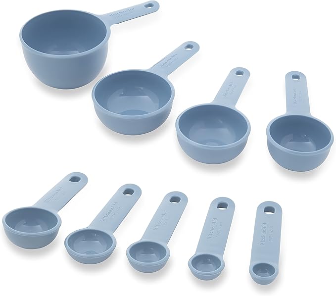 KitchenAid Universal Easy To Read Measuring Cup and Spoon Set with Soft Grip Handle for Maximum Control, Hang Hole and Nesting For Easy Storage, Dishwasher Safe, 9 Piece, Blue Velvet