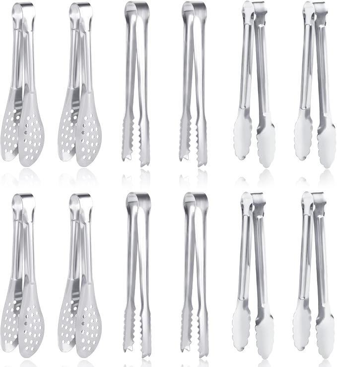 12 Pack Premium Small Serving Tongs, Dmoera Mini Stainless Steel Appetizer Tongs, 5.1Inch(12.7cm)