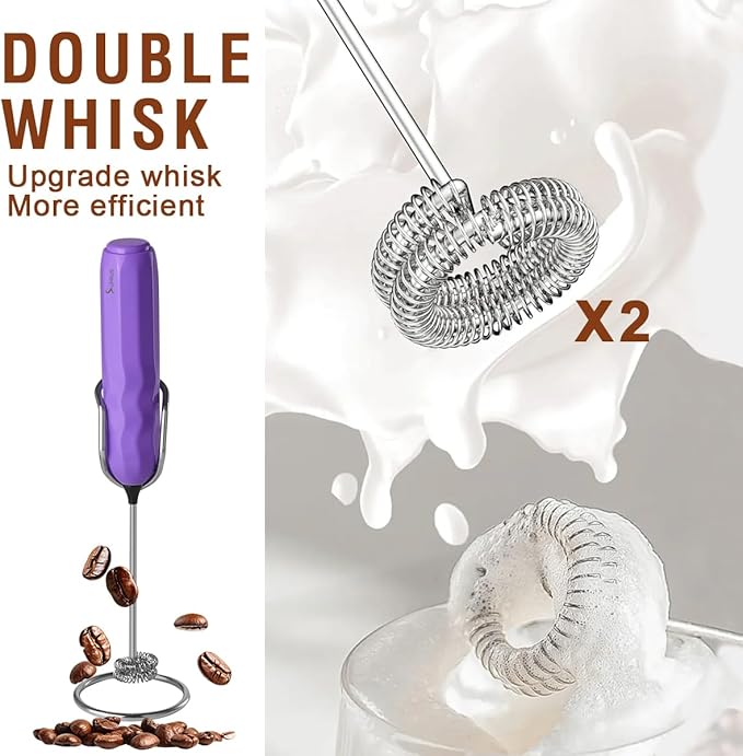 SUPRUS Ultra Fast Handheld Milk Frother Double Whisk with Stand 2 Batteries Stainless Steel for Lattes Cappuccino Matcha Hot Chocolate Coffee Bar Accessories Kitchen Gadgets Gift