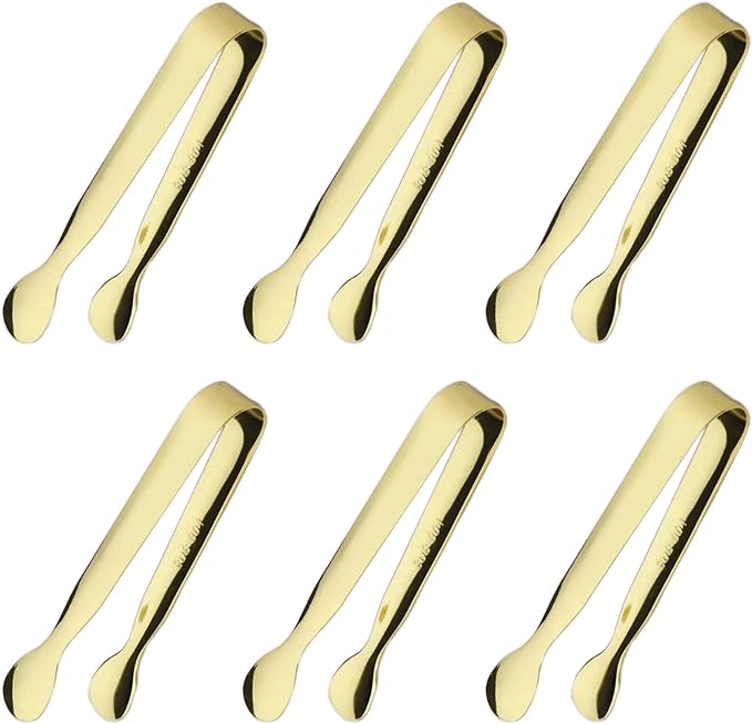 6PCS Ice Tongs Mini Sugar Tongs 4.25Inch Stainless Steel Small Serving Tongs, Small Kitchen Tiny Tongs for Appetizers,Tea Party, Coffee Bar, Desserts (Gold)