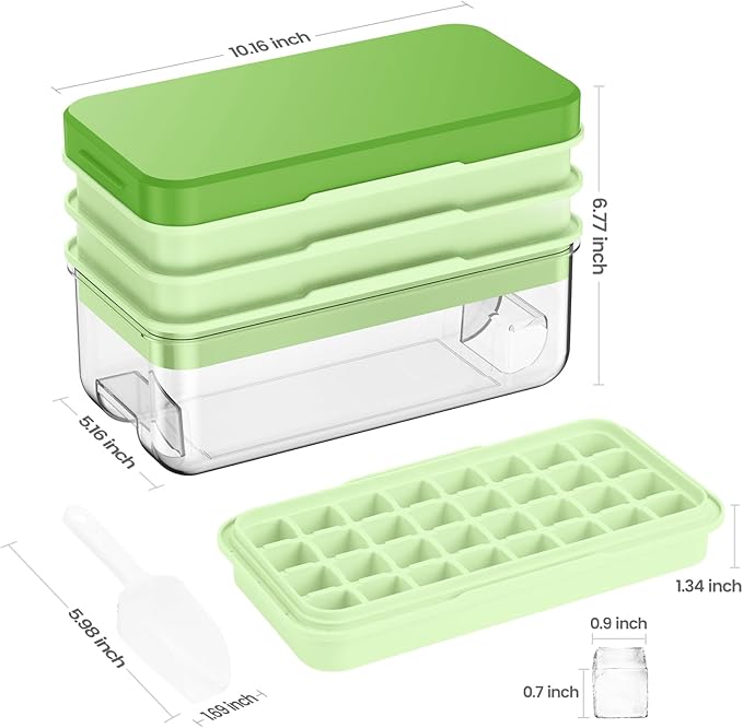 PHINOX Ice Cube Tray with Lid and Bin, 3 Pack Plastic Ice Cube Tray Molds, 96(4 * 8 * 3) pcs Ice Trays for freezer, Chilling Drinks, Whiskey & Cocktails, with Ice Container and Ice Scoop, BPA-Free