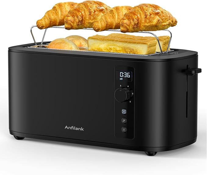 Toaster 4 Slice Long Extra Wide Slot 1.5" with Countdown Timer, 6 Browning Settings, Built-in Warming Rack, Bagel/Cancel/Defrost Functions, Removable Crumb Tray-Matteblack