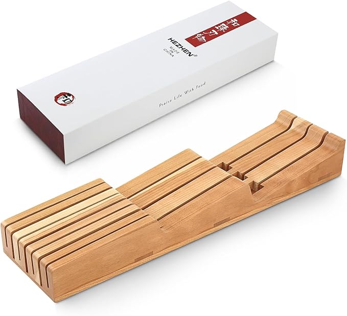 HEZHEN 7-slot Cherry Wood In-drawer Knife Tray,Kitchen Storage Organization Organizer Insert,Saves Countertop Space