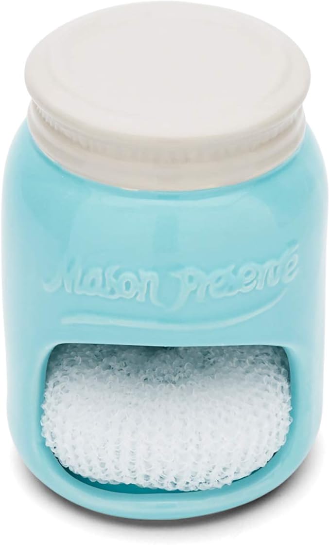 Fox Run Ceramic Mason Jar Holder with Sponge, 3.5 x 3.5 x 5 inches, Blue