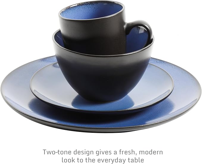Gibson Elite Soho Lounge Round Reactive Glaze Stoneware Dinnerware Set, Service for 4 (16pc), Blue, Soho Round.