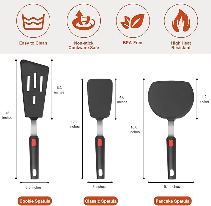 Hotec Silicone Spatula Turner for Nonstick Cookware, Cooking Spatulas 600°F Heat Resistant Large Flexible Rubber Spatula Set of 3, Kitchen Utensils for Flipping Eggs, Burgers, Pancakes, Crepes