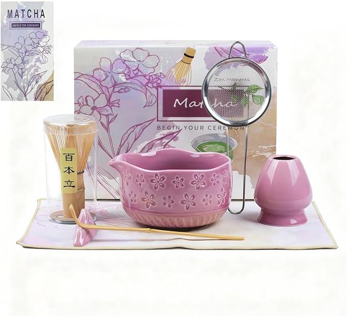 Matcha Set–7-Piece Set Including Matcha Bowl with Spout, Whisk, Chasen Holder, Sifter, Bamboo Scoop with Stand, wood spoon(Cherry Blossom Purple)–Perfect for Matcha Lovers&Tea Ceremonies