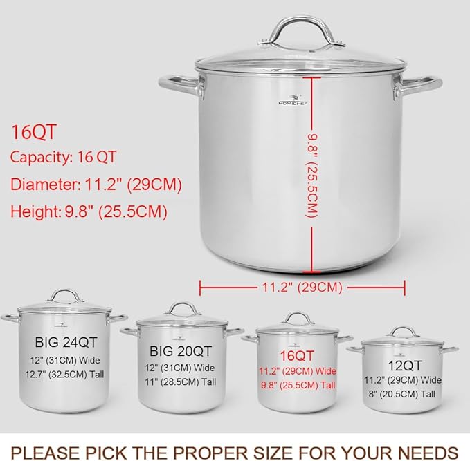 HOMICHEF 16 Quart LARGE Stock Pot with Glass Lid - NICKEL FREE Stainless Steel Healthy Cookware Stockpots with Lids 16 Quart - Mirror Polished Induction Cooking Pot