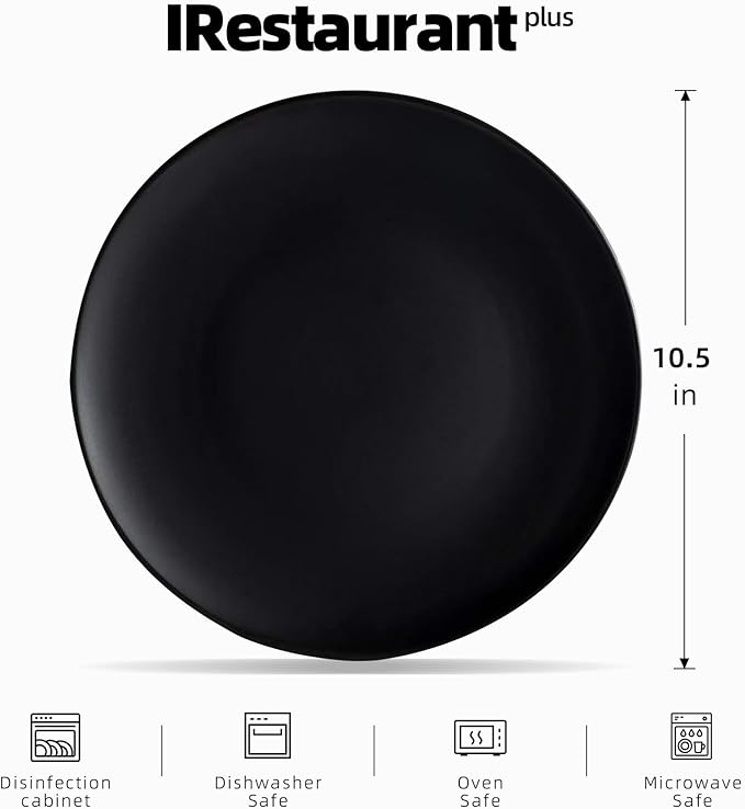 Stoneware Coupe Commercial Grade Dinner Plates, Matte Black Round Plates 10.5", Case of 12