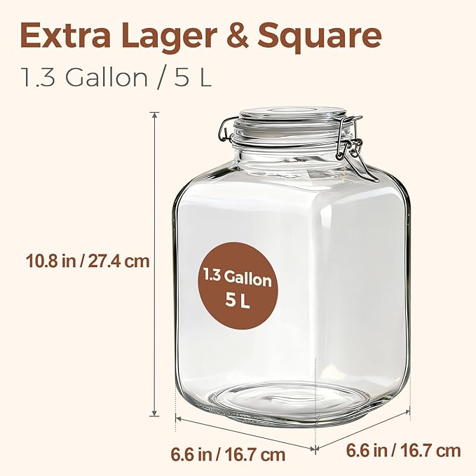 ComSaf Rice Container 152oz, Flour Sugar Storage Containers, Glass Jars with Airtight Lid, 1.17 Gallon Mason Jar, Large Storage Containers with Lids for Pickled Egg, Pasta, Cereal, Beans, Set of 2