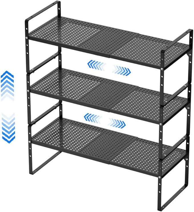 Expandable Cabinet Shelf Organizers, Stackable Cabinet Pantry Counter Under Sink Shelves Storage Shelf Rack for Kitchen Home Office, 10.24" W Black, 3 Pack