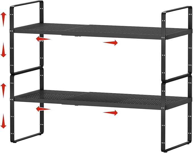 2Pack Expandable Cabinet Shelf Organizers, Stackable Metal Shelves Extender for Kitchen Countertop Storage, Adjustable Spices Shelves Rack Stand for Cupboard Pantry, Black
