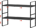 2Pack Expandable Cabinet Shelf Organizers, Stackable Metal Shelves Extender for Kitchen Countertop Storage, Adjustable Spices Shelves Rack Stand for Cupboard Pantry, Black