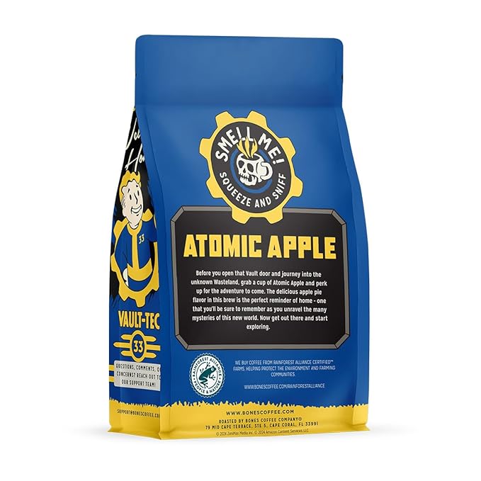 Bones Coffee Company Fallout Atomic Apple, Apple Pie Flavored Coffee, Medium Roast Low Acid Arabica Beans Compatible with Auto drip and French Press Coffee Maker, 12 Oz Whole Bean