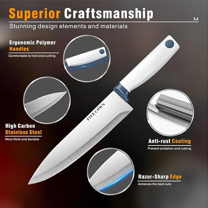 14 Pcs Kitchen Knife Block Set with Sharpener German High Carbon Stainless Steel Chef Knives, Razor-Sharp & Durable, Lightweight Anti-Slip Handle, Professional Set for Home & Kitchen (White)