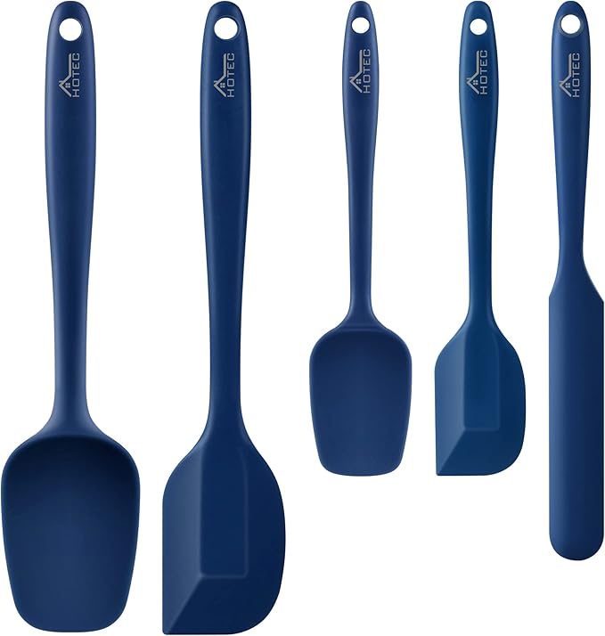 HOTEC 600℉ Heat Resistant BPA-Free Silicone Rubber Spatula Set, Kitchen Cooking Spatulas, Baking, Mixing, for Non Stick Cookware, Dishwasher Safe, Classic Blue Set of 5