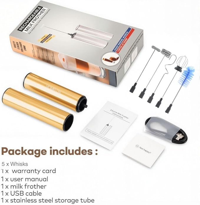 Rechargeable Milk Frother Handheld Electric Frother Wand Milk Foamer Drink Mixer for Coffee, Lattes, Cappuccino, and Egg, Stainless Steel for Travel-Golden