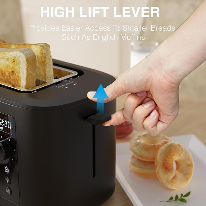 Toaster 4 Slice Long Extra Wide Slot 1.5" with Countdown Timer, 6 Browning Settings, Built-in Warming Rack, Bagel/Cancel/Defrost Functions, Removable Crumb Tray-Matteblack
