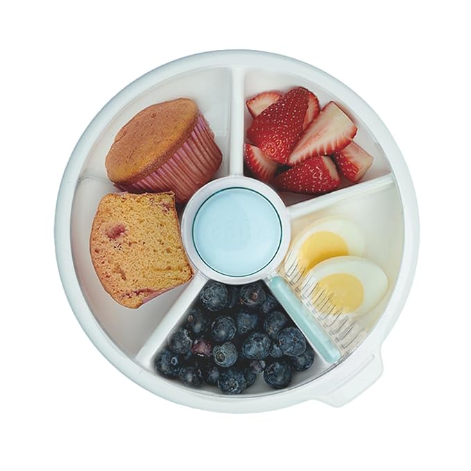 GoBe Kids Large Snack Spinner Slide Bundle with Hand Strap and Sticker Sheet - Reusable Snack Container with 4 Compartment Dispenser and Lid | BPA/PVC Free | Dishwasher Safe | No Spill - Macaron Blue