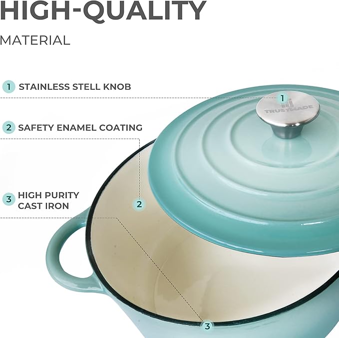 Trustmade 3 QT Cast Iron Dutch Oven, Enamel Coated Cookware Pot with Self Basting Lid for Home Baking, Braiser, Cooking, Aqua
