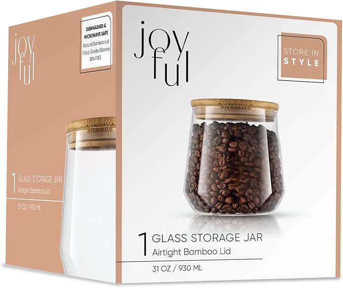 JoyJolt Cookie Jar. 1 Large Glass Jars With Bamboo Lids Set. For Kitchen Counter, Rice Jar, Candy Jar, Flour and Sugar Containers Canisters, 31-OZ Big Glass Jar with Lid, Airtight Glass Storage