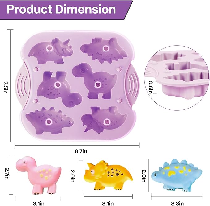 2-Pack Silicone Dinosaur Molds with Lids, Purple Dinosaur Silicone Molds for Chocolate, Baking & Crafting, Multi-Purpose Jello Molds for Kids, Candy, Ice Cubes, Crayons