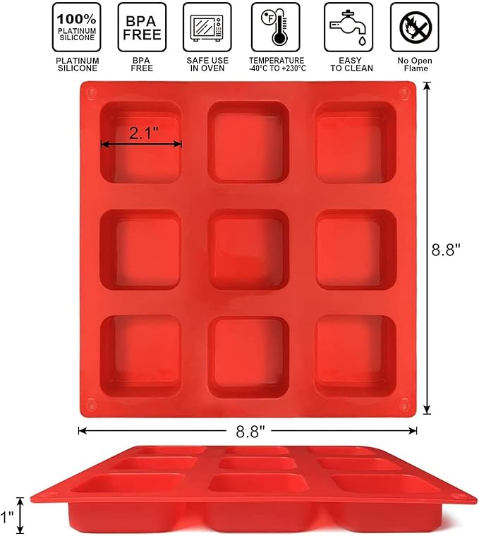 Walfos Silicone Brownie Pan, 9-Cavity Non-stick Square Baking Pan, Perfect for Brownies, Cornbread, Muffin and Cakes, BPA Free and Dishwasher Safe