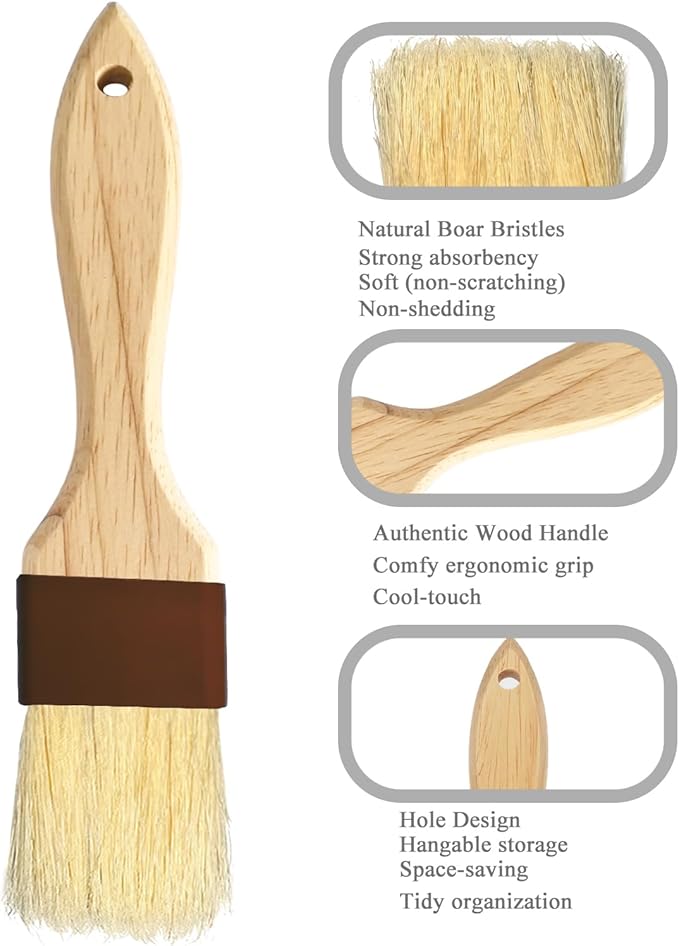 Pastry Brush-Basting Brush for Cooking,2 Pc Boar Bristles Food Brush for BBQ,Beech Wooden Handle Butter Brush for Baking/Spreading Marinade/Sauce/Oil/Egg/Kitchen Brushes for Cooking(1 &1 1/2 inch)