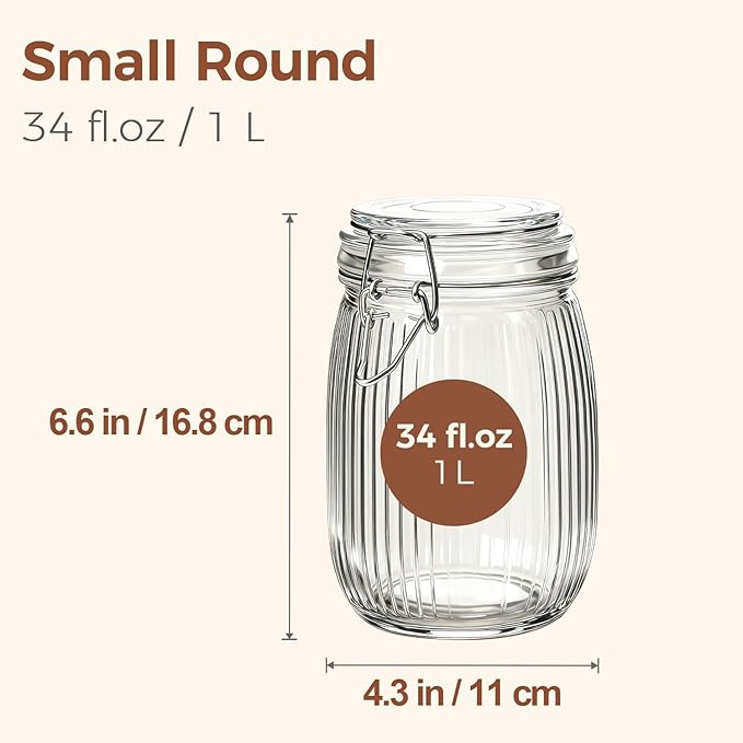 ComSaf Airtight Glass jar with lid 37oz Set of 3, Glass Storage Containers with Lids, Glass Canisters, Striped Clip Fastening Jar for Kitchen Canning, Tea, Pasta, Sugar, Beans, Cookie, Jam, Oat