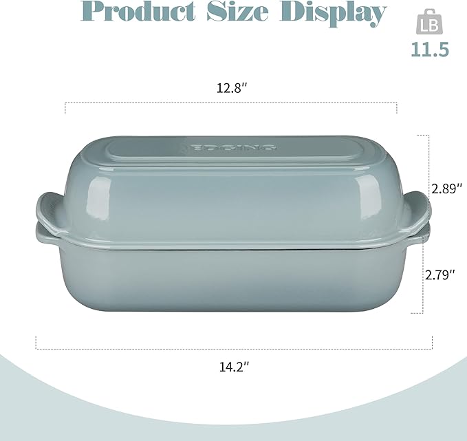 Enameled Cast Iron Loaf Pan with Lid, Dutch Oven Bread pan for Homemade Sourdough Bread Baking, 12.5x5.5 inch, 5qt, Seasalt