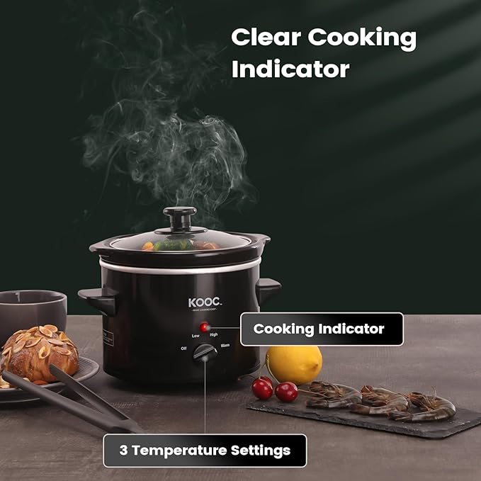 KOOC Small Slow Cooker, 2-Quart, Free Liners Included for Easy Clean-up, Upgraded Ceramic Pot, Adjustable Temp, Nutrient Loss Reduction, Stainless Steel, Black, Round…