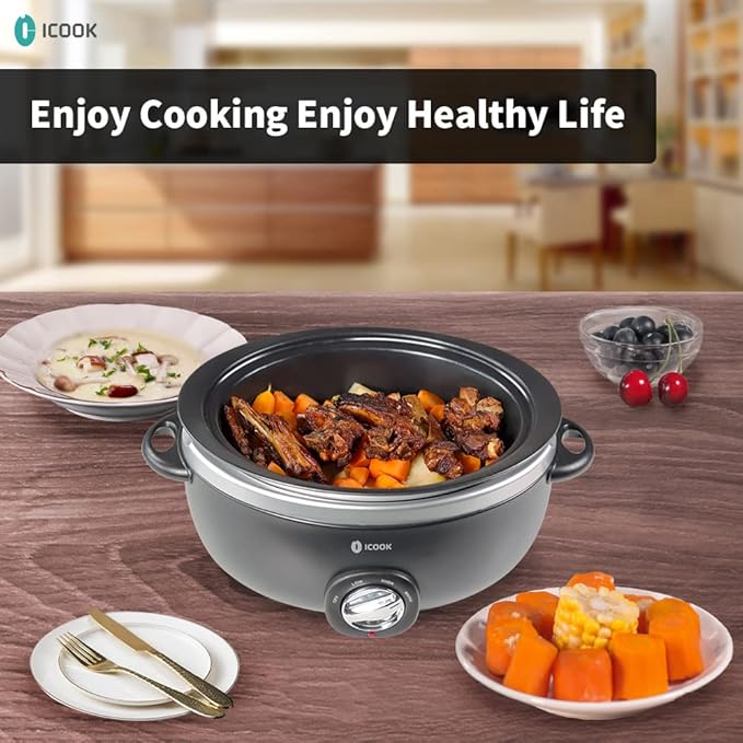 ICOOK USC-65-OP001BK 6.5 Quart Slow Cooker,Aluminium Sear/Sauté Stew Pot Stovetop safe,Dishwasher Safe,Glass Lid,Adjustable Temp,Food Warmer(Black)