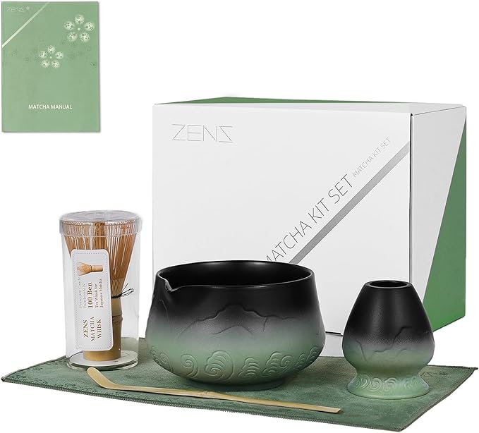 ZENS Matcha Whisk Set, 15oz Ceramic Matcha Set with Bowl and Bamboo Whisk, Scoop, (Chasen Holder) -Tea Towel, 5pcs Matcha Kit for Matcha Lovers, Sage Green