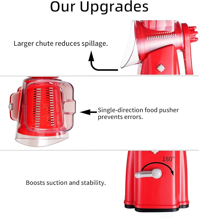 Rotary Cheese Grater Shredder - Upgraded 5 in 1 Cheese Grater with Handle and Strong Suction Base, Multi-purpose Julienne Slicer Ice Shaver Nuts Grinder for Ice, Vegetables, Fruit, Nuts