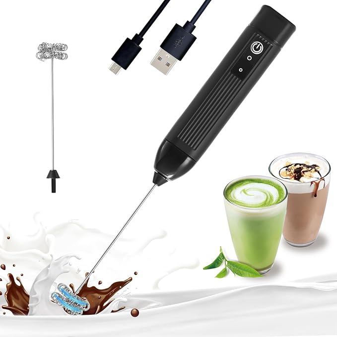 Rechargeable Milk Frother Handheld, 3 Speeds Electric Coffee Mixer Wand with Stainless Steel Whisk for Hot Chocolate, Eggs, Latte, Cappuccino (Black)