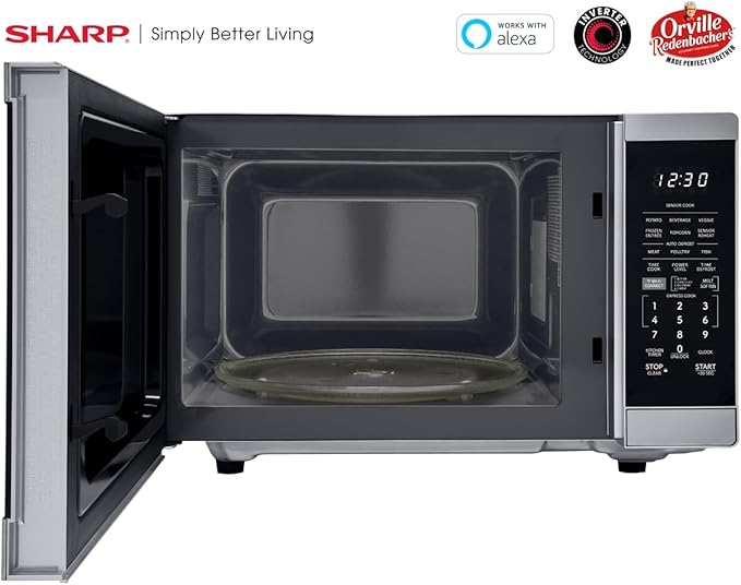 SHARP Countertop Microwave Oven Compatible with Alexa Orville Redenbacher's Certified with Removable 12.4" Carousel Turntable, 1000 Watt, 1.1 Cubic Feet, Stainless Steel