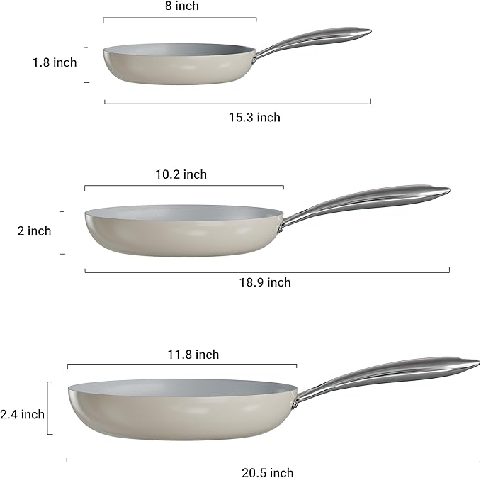 Verel Ceramic Nonstick Frying Pan Set 3 Piece - 8, 10 and 12 Inch Non Stick Fry Skillet Pans, Non Toxic, Dishwasher and Oven Safe