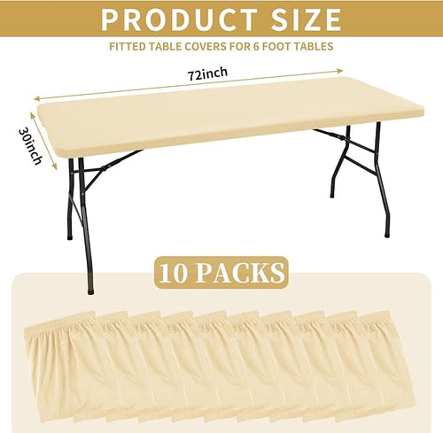 10 Pack Fitted Tablecloth for 6 Foot Rectangle Tables, Beige Elastic Outdoor Picnic Table Cover, Washable Stretch Folding Table Cloths 6 ft for Camping Party Patio Kitchen Banquet, 30" W x 72" L