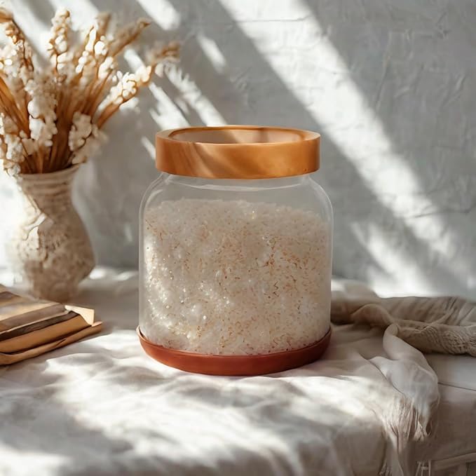 SAIOOL Large Capacity Screw Glass Food Storage Jars (Set of 2) - Diam 15cm x H16cm 2000ML Kitchen Canisters for Flour, Rice, Pasta, Leakproof Design with Yellow Wood Lid & Accessories