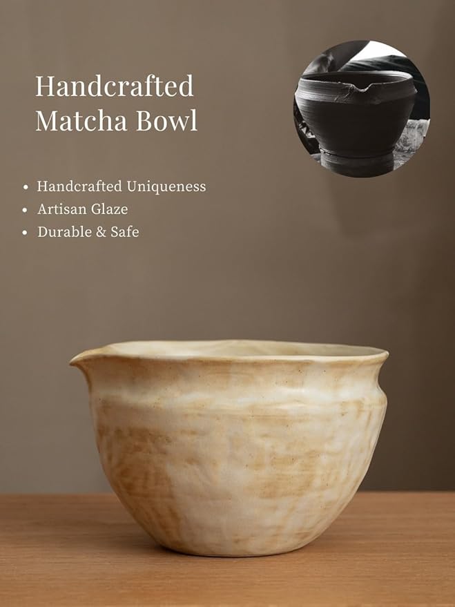 6-pcs Japanese Matcha Whisk Set with Handmade Wabi-Sabi Ceramic Bowl(Chawan),Bamboo Chasen, Whisk Holder, Scoop, Sifter & Tea Towel,Matcha Ceremony Kit,(Sandstone Reactive Glaze)