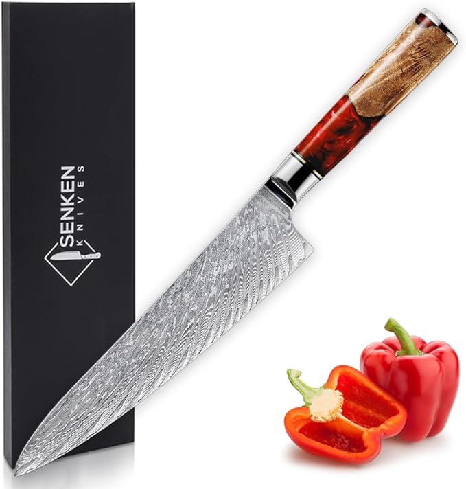SENKEN Damascus Steel Chef's Knife - Tsunami Collection - 67-Layer Japanese VG10 Steel Core - Unique Blue Resin & Natural Wood Handle, Razor Sharp, Beautiful Damascus Wave Pattern (Red)