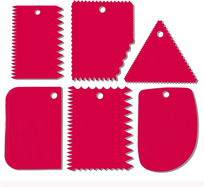 Cake Scraper, Cake Smoother Scraper Set, Dough Scraper Icing Scraper Polisher Tool, Cake Decorating Comb, Icing Smoother Plastic Sawtooth Cake Icing Kitchen Baking Cake Edge (Red)