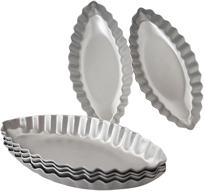 10PCS Egg Tart Pan Boat Shape, Aluminum Small Fluted Oval Tart Mold, Boat Molder for Baking Wavy Tartlet, Fruit Tats, Quiches - Silver