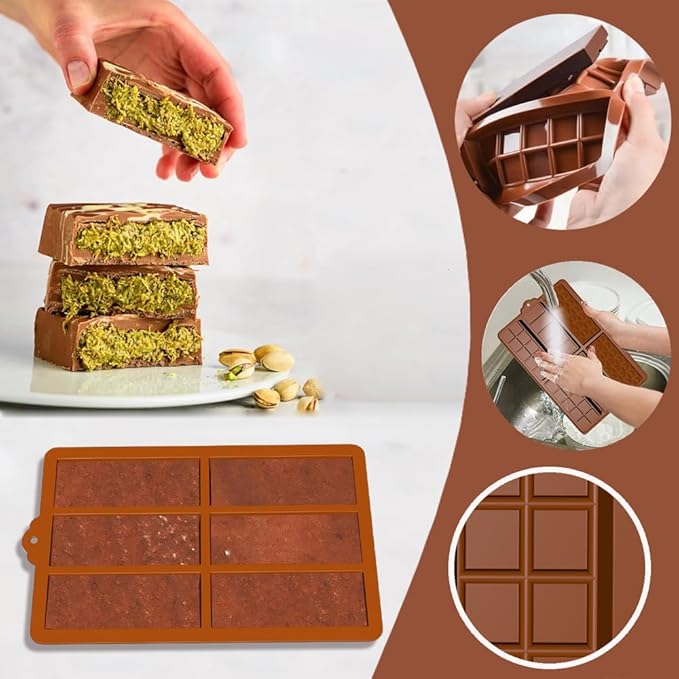 Deep Chocolate Bar Molds, 2 Pack Candy Bar Silicone Molds, Non-Stick 6 Cavities Thick Silicone Dubai Kunafa Pistachio Kit for Filling Chocolate Bar with Scraper