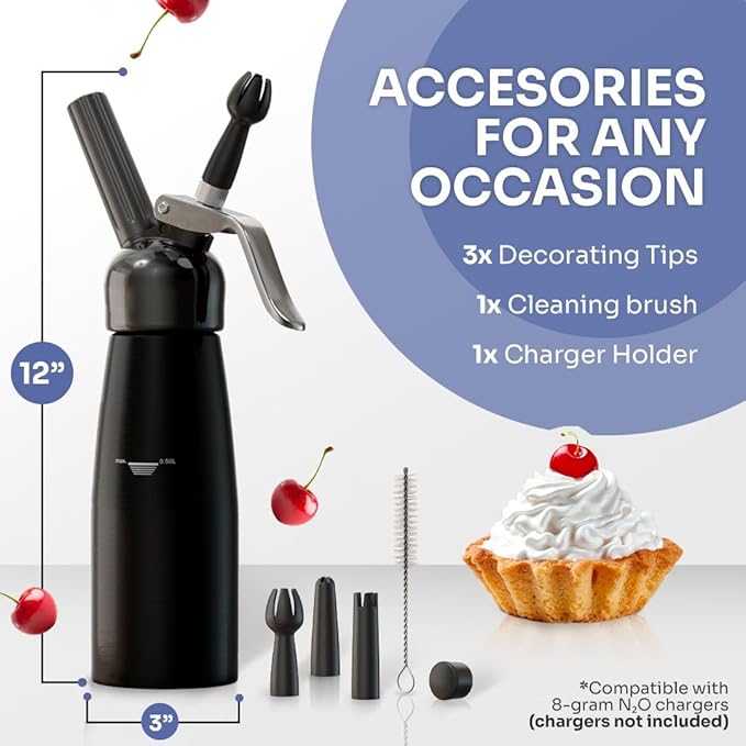 Professional Cream Whipper – 500ml Aluminum Cream Dispenser with Silicone Grip – Durable Cream Maker with 6 Decorating Nozzles & 2 Cleaning Brushes