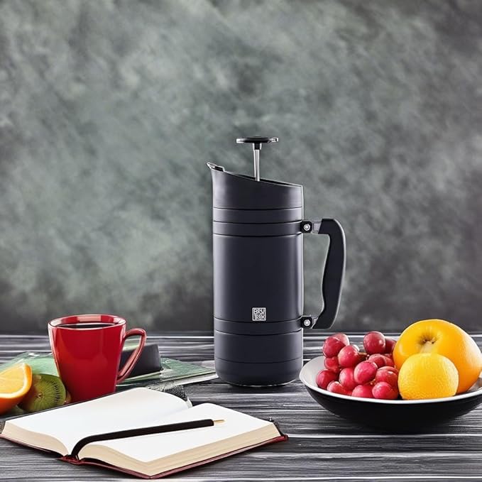 BruTrek BaseCamp Coffee Press - Double Wall Insulated Stainless Steel - Bru-Stop Technology, No Grounds in Coffee, No Spill Lid (Obsidian, 48 fl.oz)
